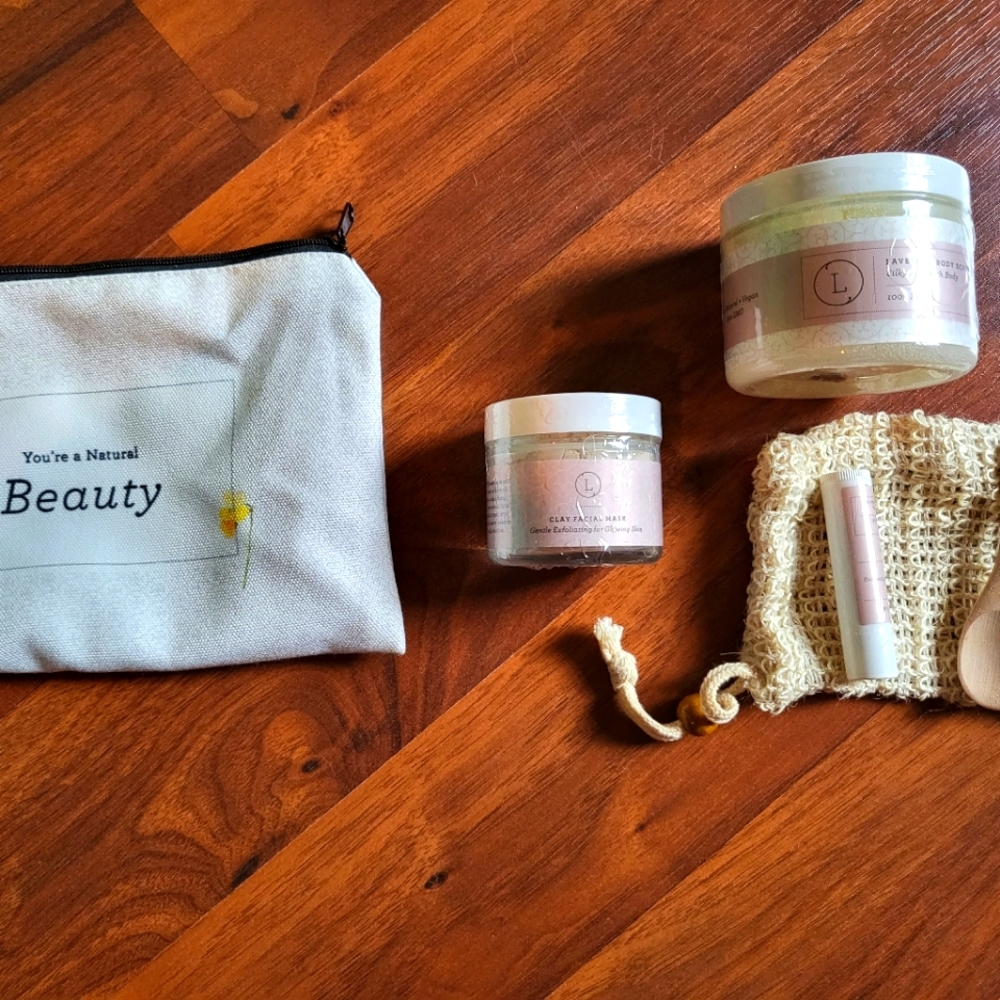 Beauty bag with mask and scrub and chapstick